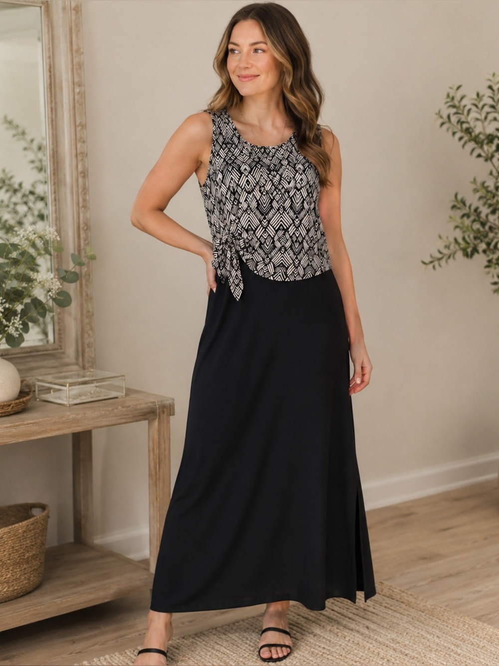 Karen Kane Sleeveless Maxi Dress Large Black White Geometric Tie Waist USA
